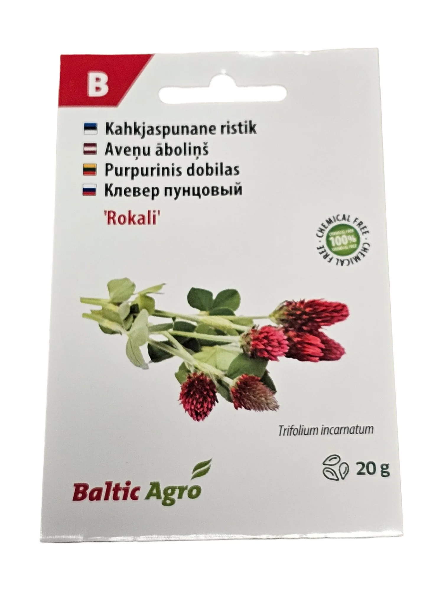 Kahkjaspunane ristik 'Rokali' pakend, sisaldab 20g seemneid, Baltic Agro brändi toode, looduslik ja kemikaalivaba.