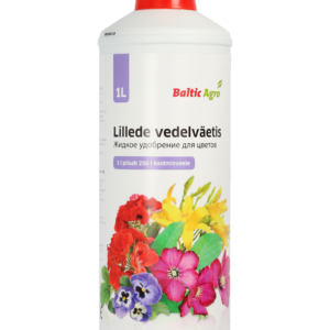 Baltic Agro lillede vedelväetis 1L, vedel väetis lillede jaoks, sisaldab mitmeid toitaineid, et toetada taimede kasvu ja õitsemist.