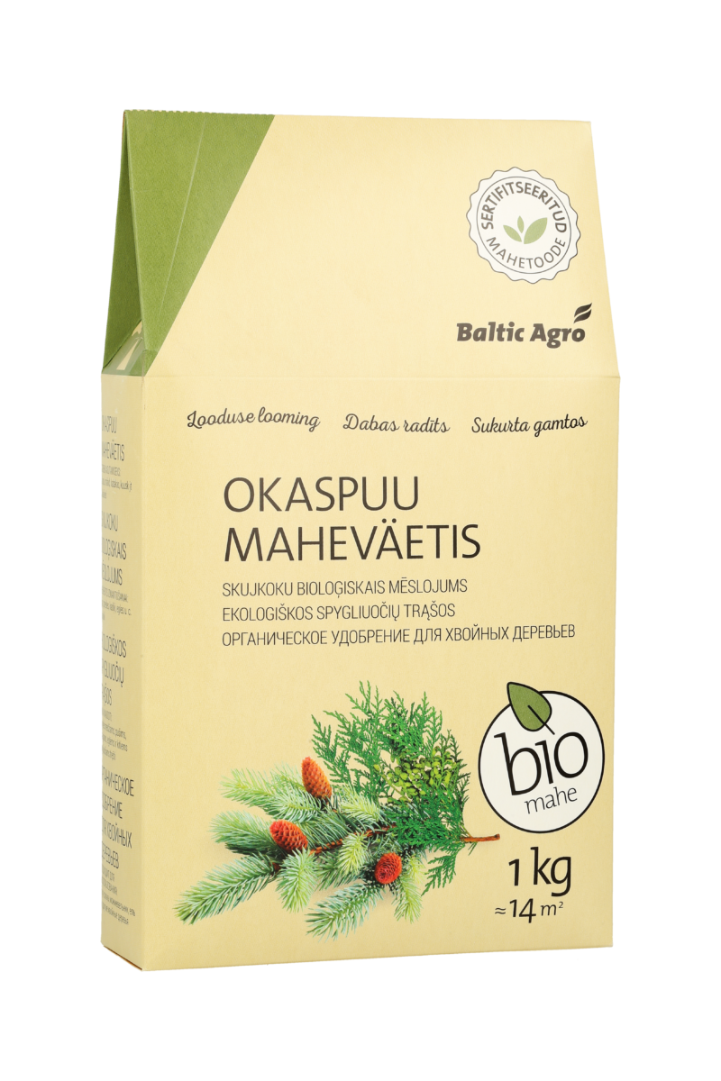 okaspuu maheväetis,elupuu väetis,orgaaniline okaspuuväetis,looduslik aiahooldus,okaste pruunistumine