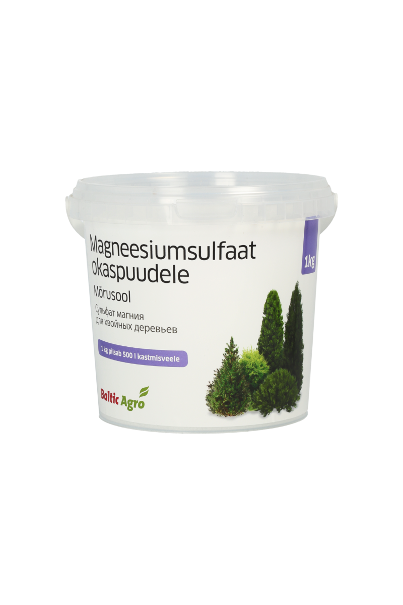 magneesiumsulfaat okaspuudele 1kg magneesiumsulfaat okaspuudele,mõrusool taimedele,okaste pruunistumine,magneesiumväetis 1kg,magneesiumipuudus taimedel,talvekahjustustest taastumine,elupuude pruunistumine