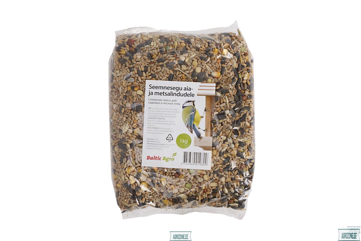 Baltic Agro 1kg seemnesegu aia- ja metsloomadele, sisaldab mitmesuguseid seemneid ja pähkleid, sobib lindude toitmiseks.