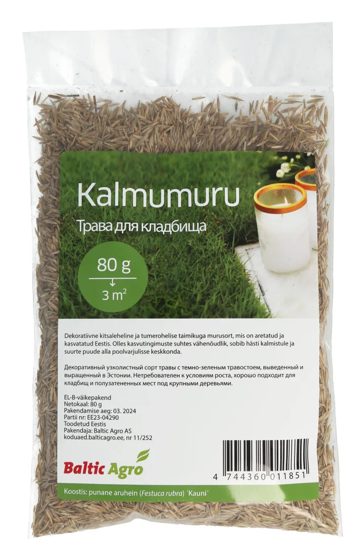 Kalmumuru muru seemned 80g pakendis, sobivad aedade ja muruväljade rajamiseks, sisaldab 3 m² katmiseks vajalikku seemnet.