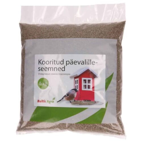 Kuoritut auringonkukansiemenet 5 kg:n pakkauksessa Baltic Agro -brändiltä, ihanteellinen lintujen ja muiden eläinten ravinnoksi.