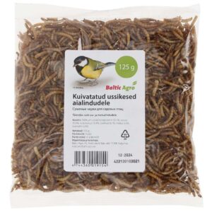 Сушеные черви, упаковка 125 г, Baltic Agro, подходят для корма птиц, богаты белком и питательными веществами.