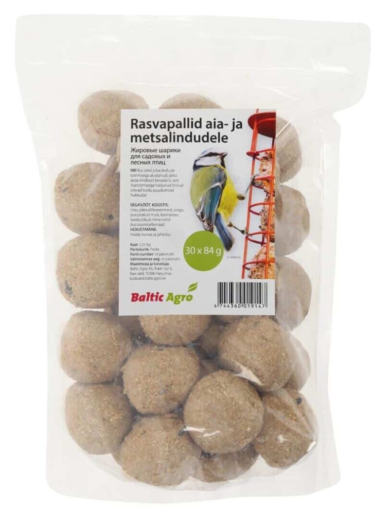 Rasvapallid aia- ja metsaliikidele 30x84g Võrguta rasvapallid,Rasvapallid ilma võrguta,Rasvapallid 30tk,Rasvapallid lindudele,Loodussõbralik linnutoit,Ohutu linnusöök,Prügivaba linnutoit,linnutoit,rasvapallid 30 tk,keskkonnasõbralik linnutoit,aialindude söötmine,turvaline linnutoit