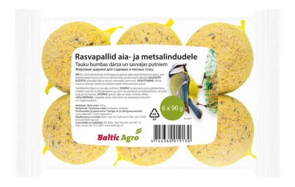 Rasvapallot puutarha- ja metsälinnuille, 6 kpl pakkauksessa, ihanteellinen lintujen ruokintaan, Baltik Agro -merkki.