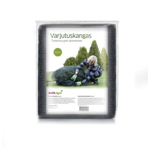 Varjutuskangas 1.5m Baltik Agro, sobib taimekatteks ja varjutamiseks, musta värvi, pakendatud ja kasutamiseks valmis.
