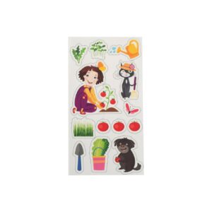 Aiakujunduse kleepsud: taimede, koera, lapse, kassi illustratsioon.