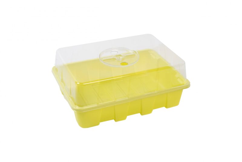 Kollane plastkarp läbipaistva kaanega.