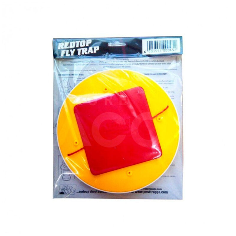 Kollane ja punane kärbsepüünis pakendis.