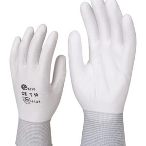 Нейлоновые перчатки, белые, с полиуретановым покрытием на ладонях. Нейлоновые перчатки, белые, с полиуретановым покрытием на ладонях.