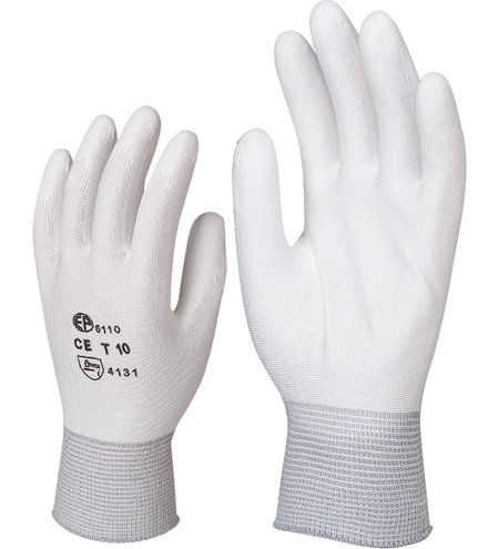 Нейлоновые перчатки, белые, с полиуретановым покрытием на ладонях. Нейлоновые перчатки, белые, с полиуретановым покрытием на ладонях.
