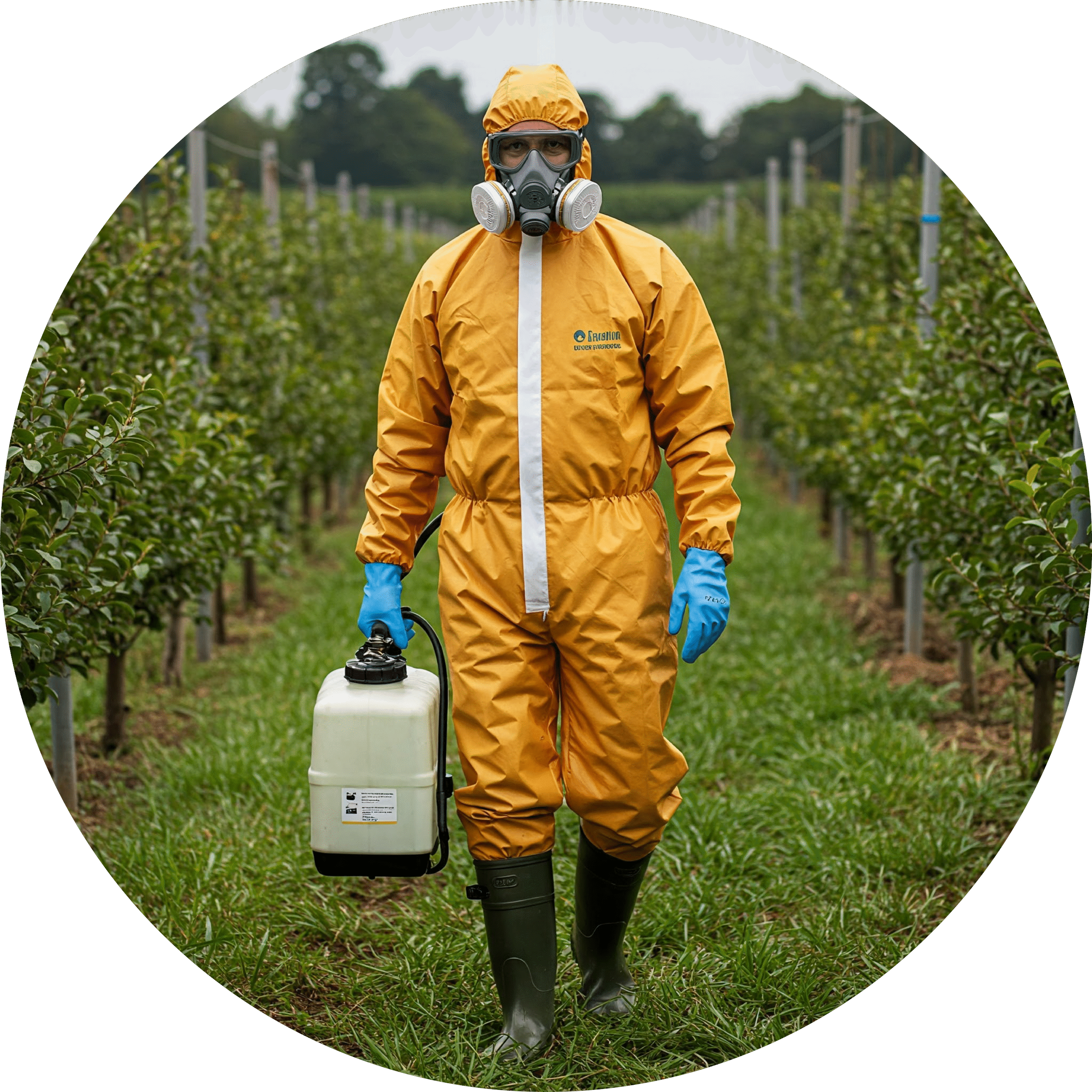 Kaitseriietuses pihustab puuviljaaias kemikaale.