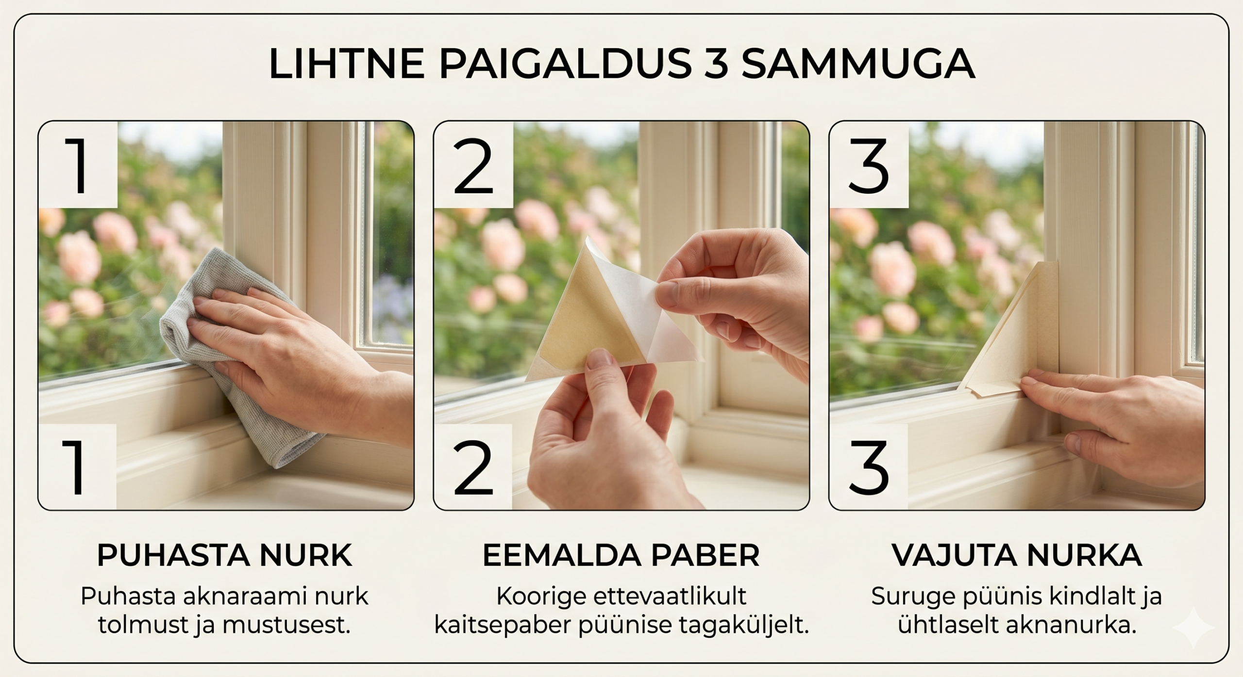 Kolmeastmeline juhend aknapüünise paigaldamiseks.