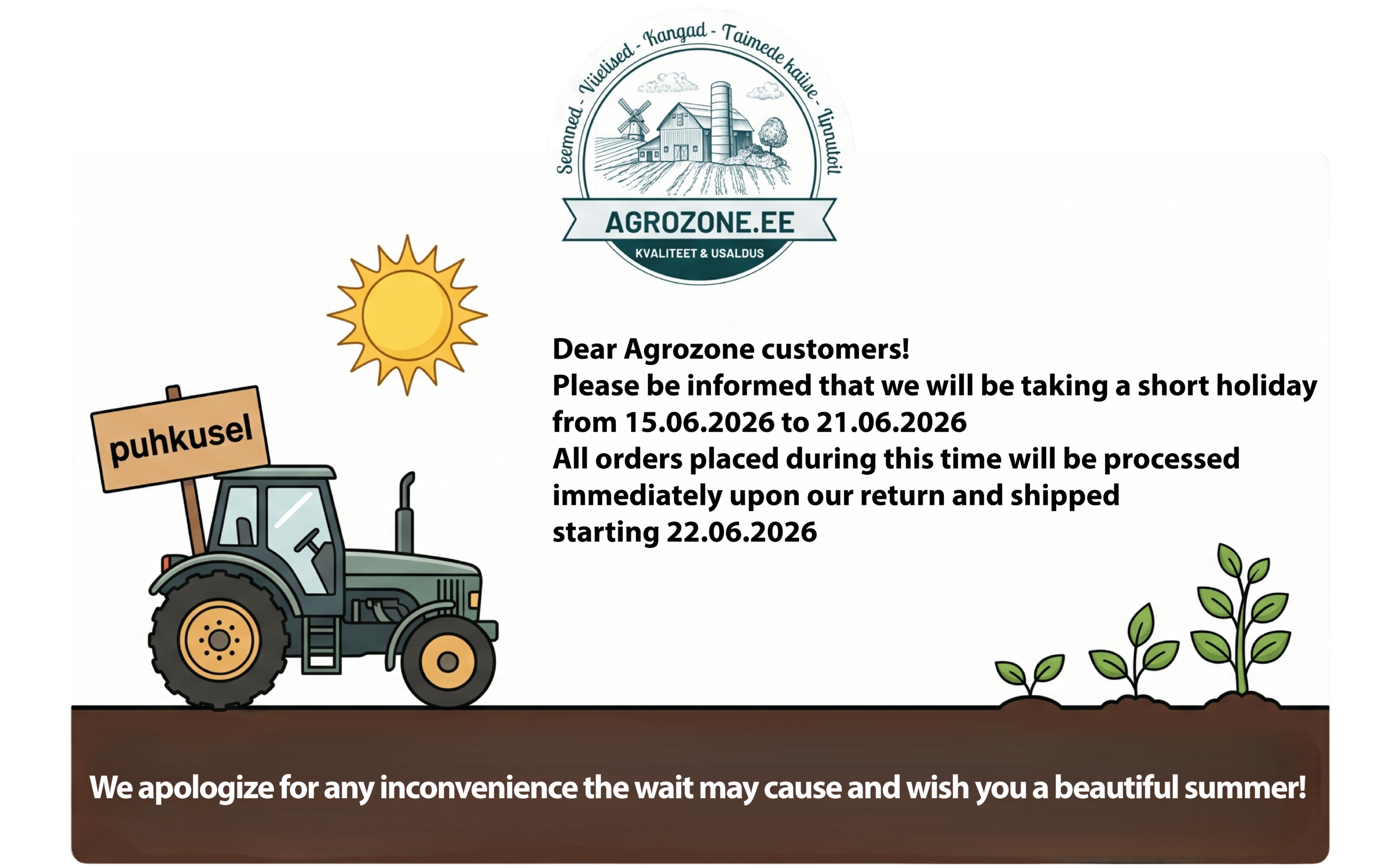 Agrozone holiday announcement with tractor and summer farm theme.