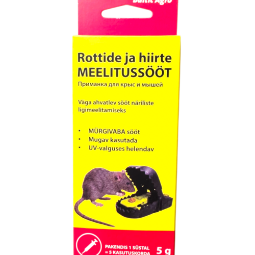 mürgivaba näriliste peibutis,looduslik monitooringusööt,hiirte meelitussööt süstlaga,ökoloogiline rotitõrje,fluorestsentne sööt